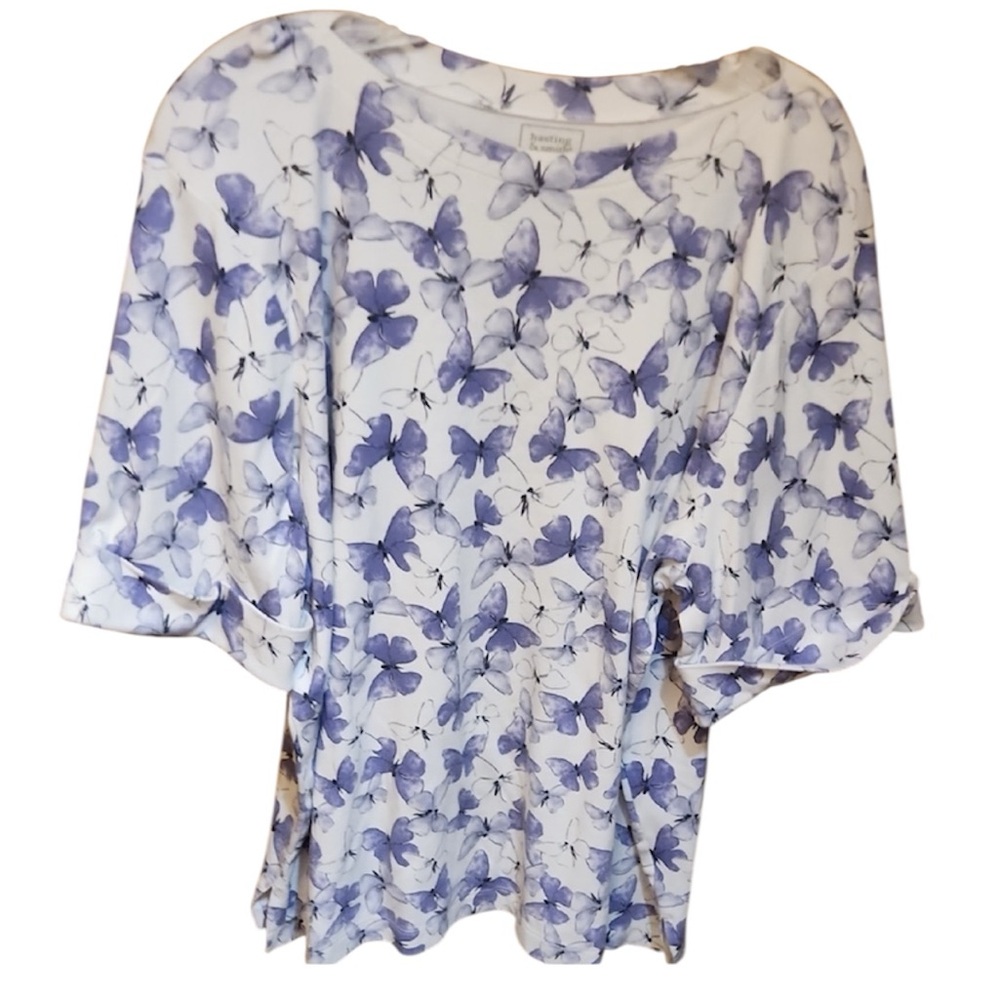 Hasting & Smith White and Purple Butterfly boatneck Blouse size 2X